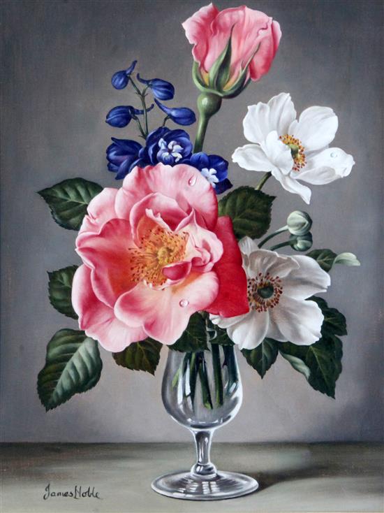 James Noble (1919-1989) Pink, white and blue flowers in a glass 25 x 20cm
